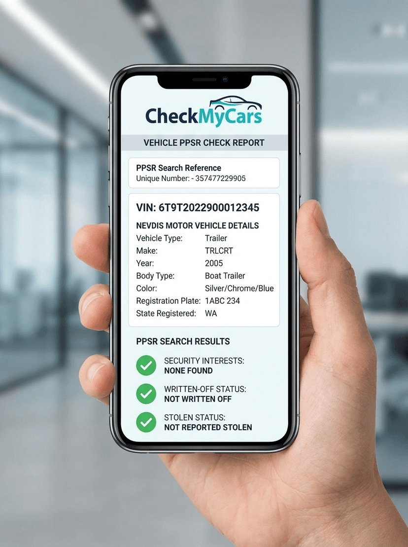 Sample PPSR Vehicle History Report showing security interests, written-off status, and stolen status checks